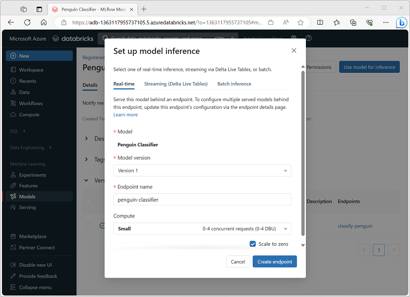 Screenshot of the Set up model inference dialog box in the Azure Databricks portal.