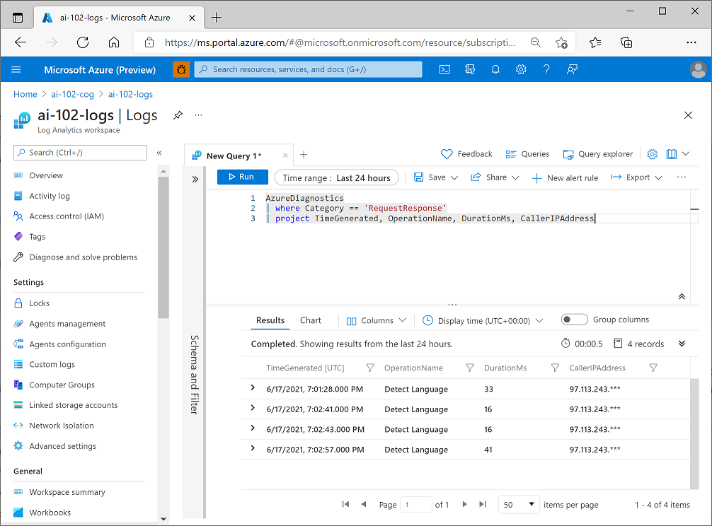A screenshot of an Azure log Analytics query returning diagnostic data logged for an Azure AI services resource.