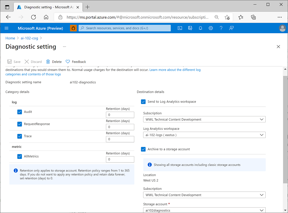 A screenshot of diagnostic settings for an Azure AI services resource.