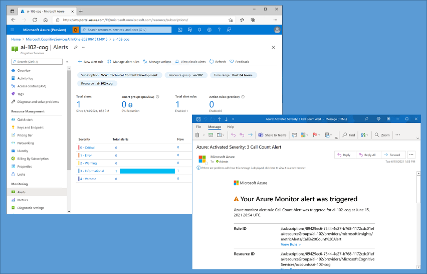 An alert in the Azure portal and an email