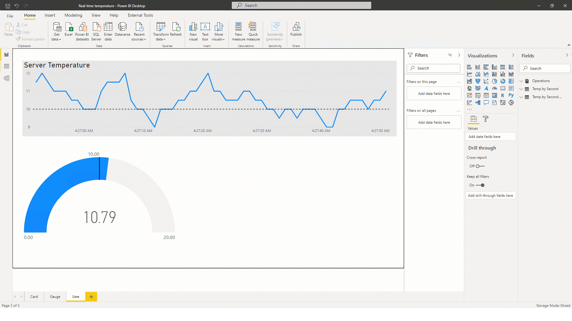 Animated image shows a real-time Power BI report for server temperature comprising a line chart visual and a gauge visual.