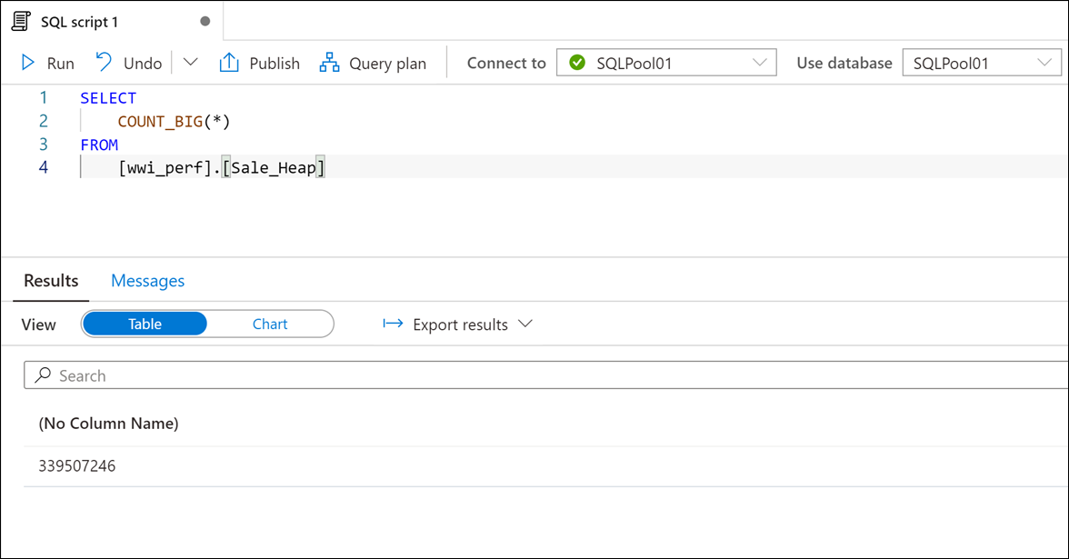 SQL script The COUNT_BIG result is displayed.