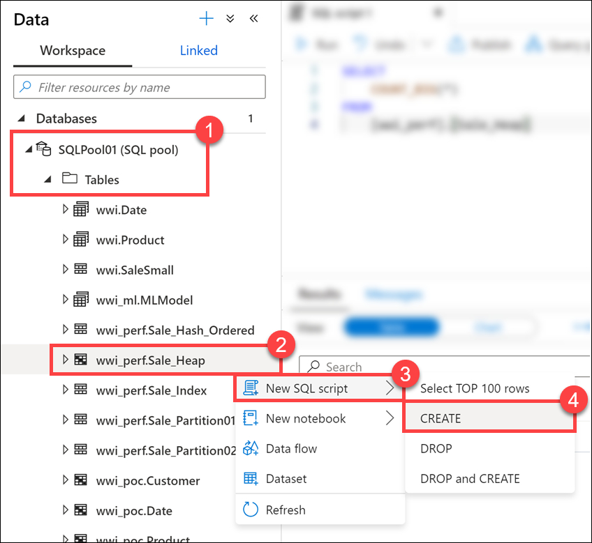 Create script The CREATE script is highlighted for the Sale_Heap table.