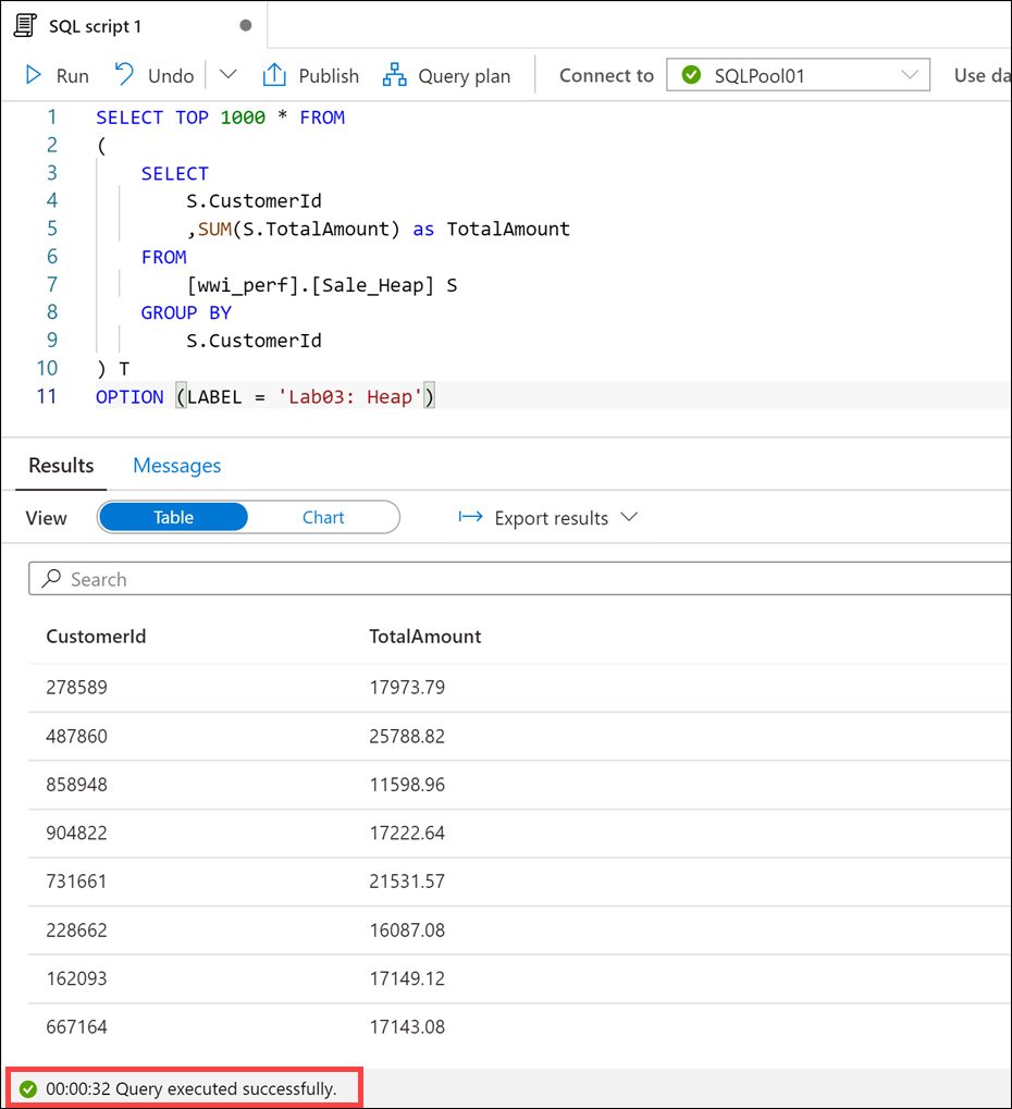 Sale Heap result The query execution time of 32 seconds is highlighted in the query results.