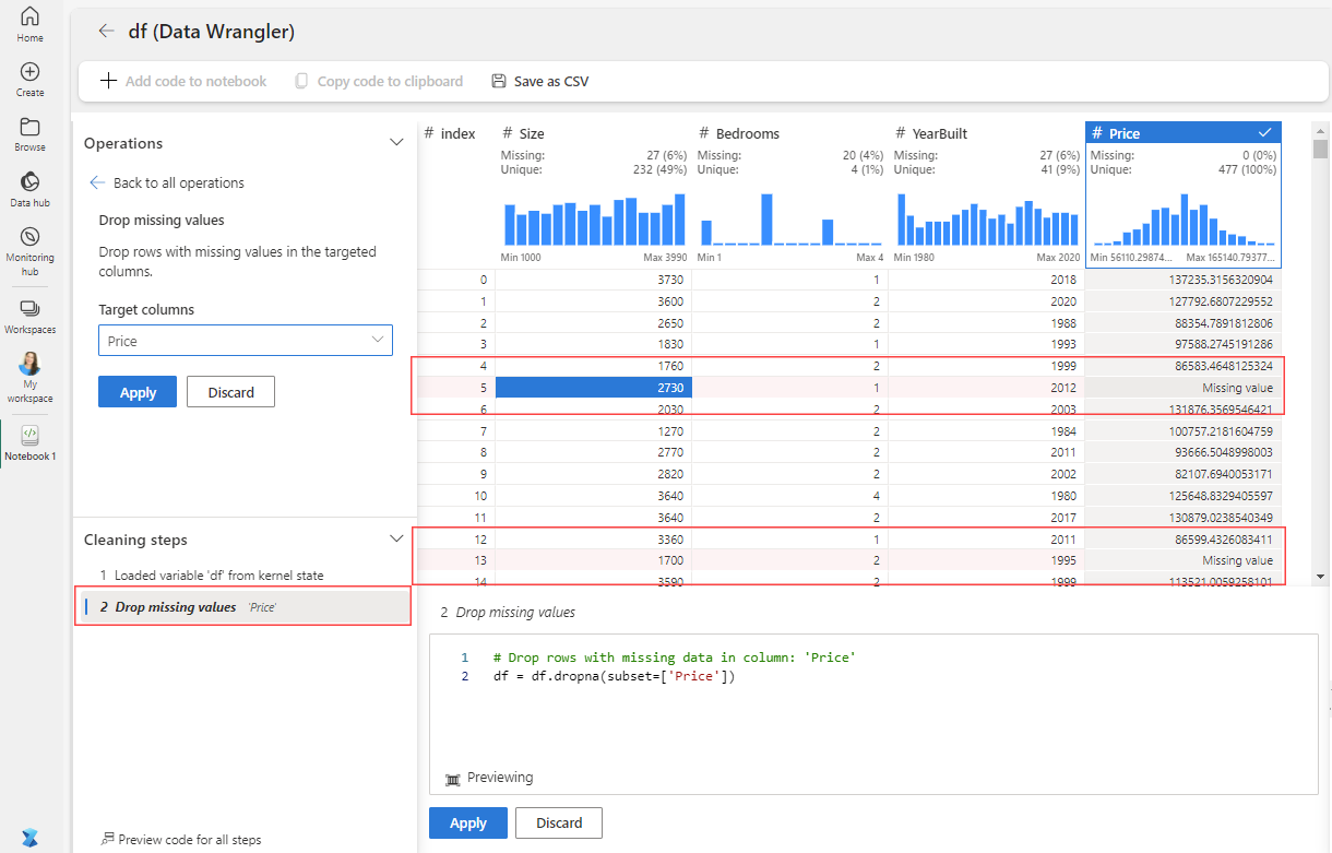 Screenshot of how to drop rows with missing values in the targeted columns in Data Wrangler.