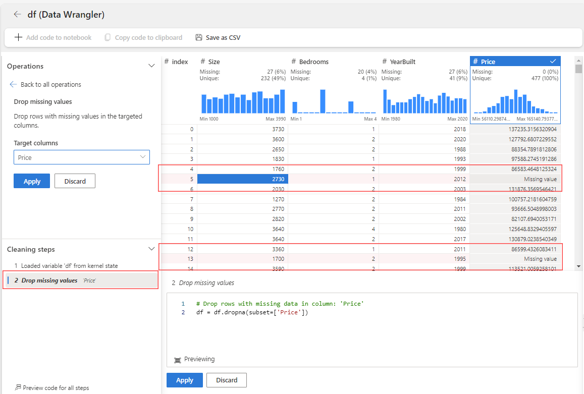 Screenshot of how to drop rows with missing values in the targeted columns in Data Wrangler.