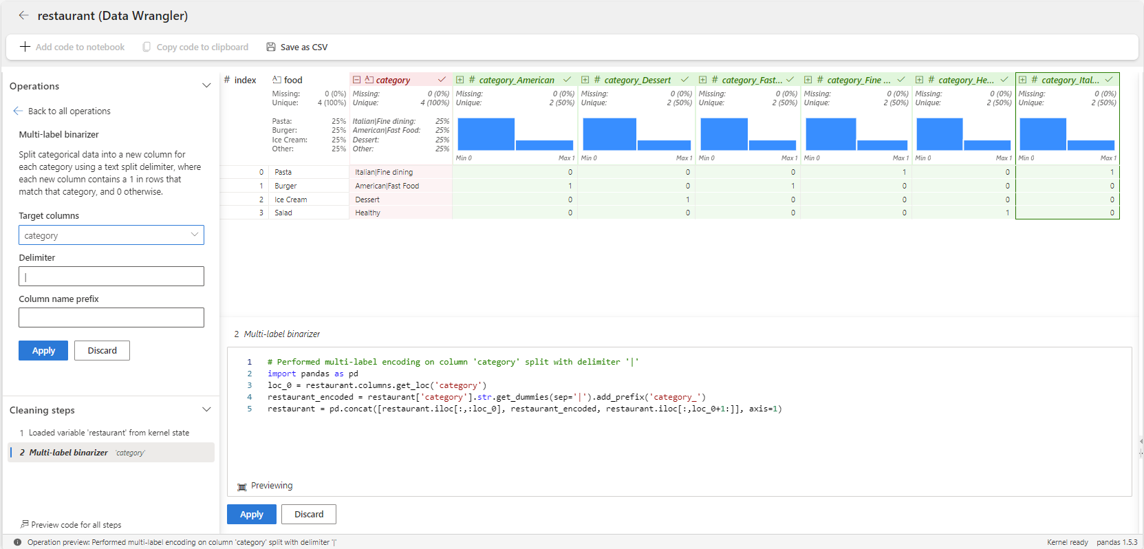 Screenshot showing how to apply a multi-label binarizer operator in Data Wrangler.