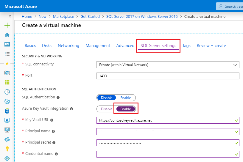 Azure SQL VM Resource Provider Azure Key Vault configuration.