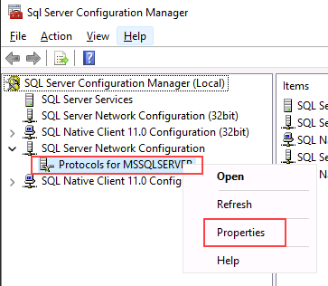 SQL Server Configuration Manager screen for a SQL Server instance.
