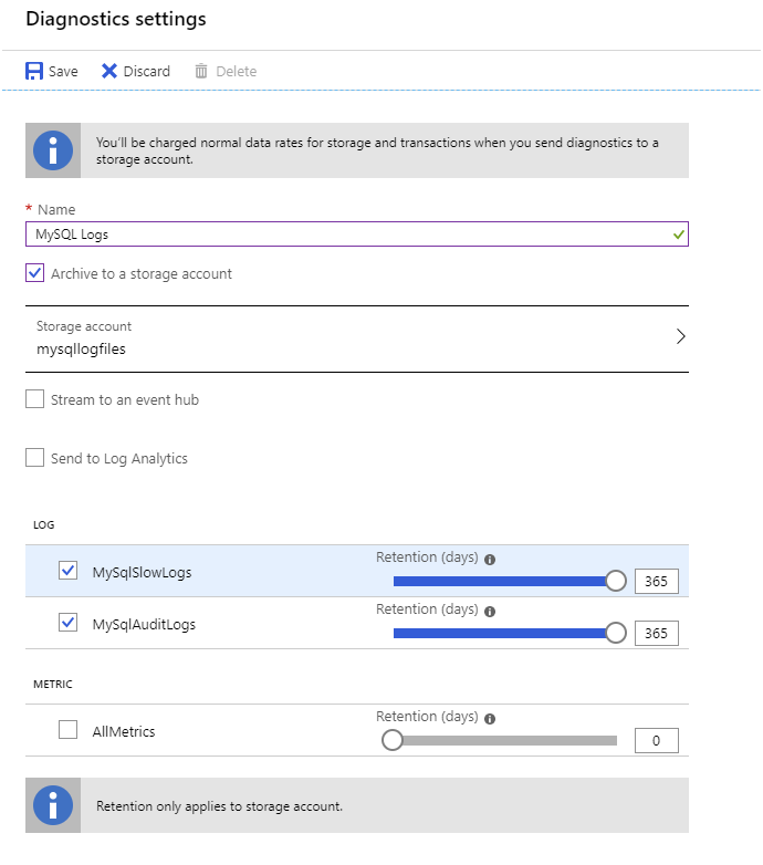 Image of the Diagnostic settings page for Azure Database for MySQL.
