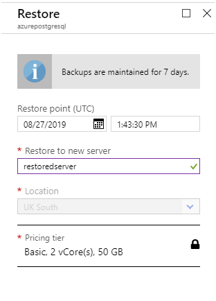 Image showing the point-in-time restore page for Azure Database for MySQL or PostgreSQL