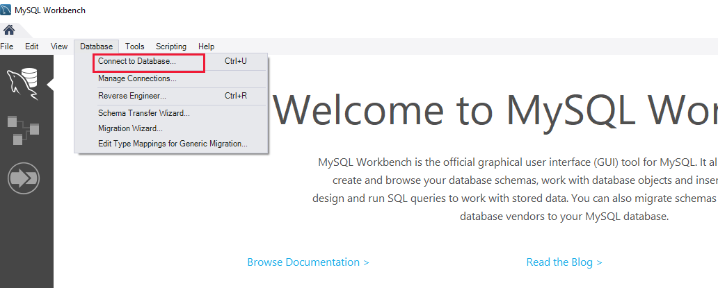 The MySQL Workbench Welcome page. The user is creating a new database connection.