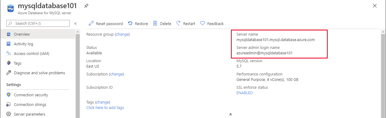 The Overview page for an Azure Database for MySQL instance in the Azure portal