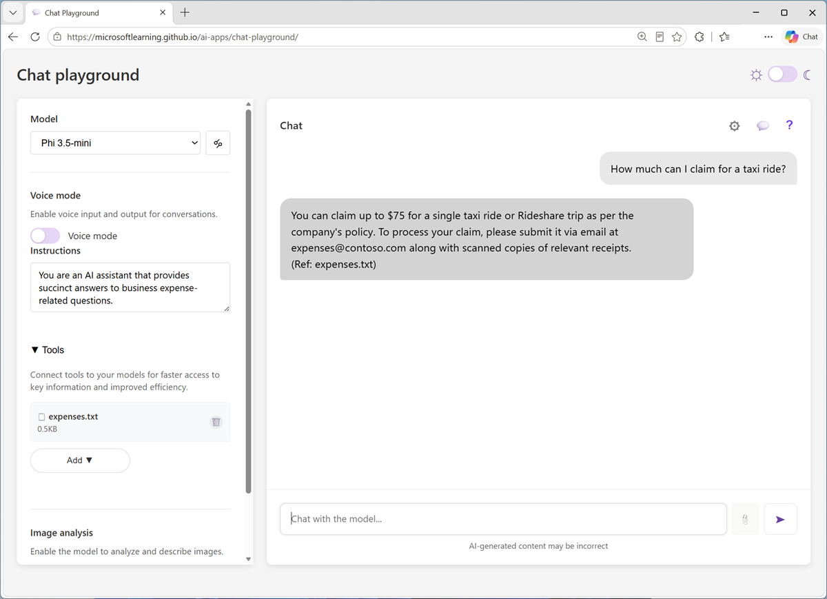 Screenshot of the chat playground app used in the lab.