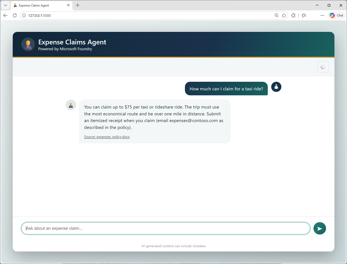 Screenshot of an expenses agent returning a grounded response to a question.