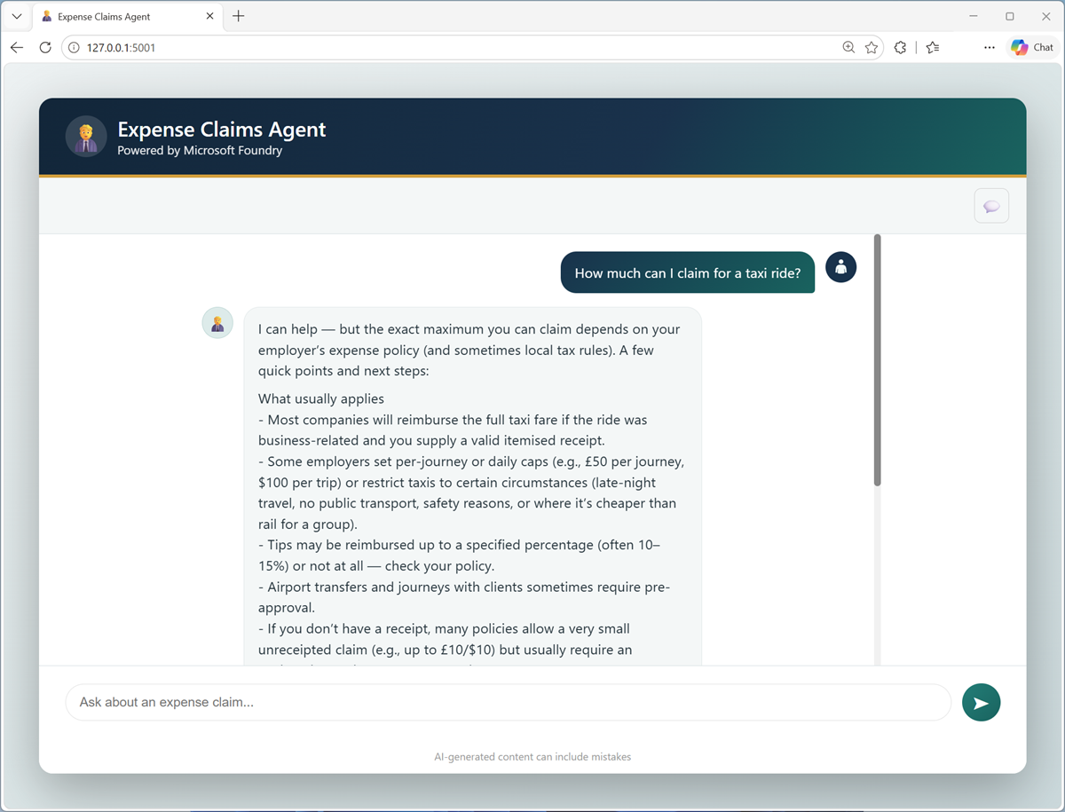 Screenshot of an expenses agent returning a general response to a question.