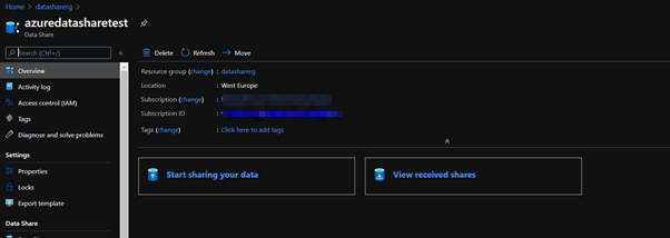 Azure Data Share Overview Page