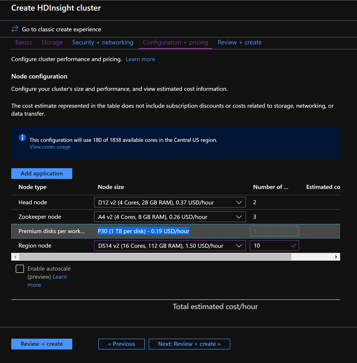 Configuring nodes in Azure HDInsight in the Azure Portal.