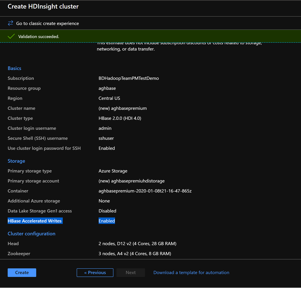 Azure HDInsight validation in the Azure Portal.