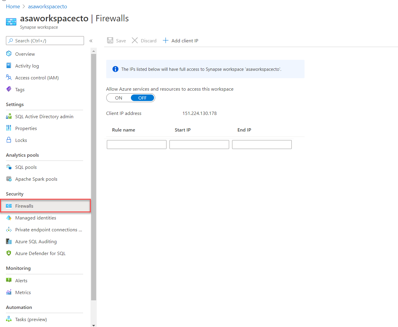 Configuring firewall settings in the Azure portal.