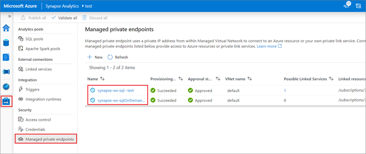 Adding managed private endpoints in Azure Synapse Studio.