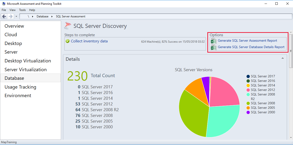 Screenshot of the MAP Toolkit SQL Server data export.