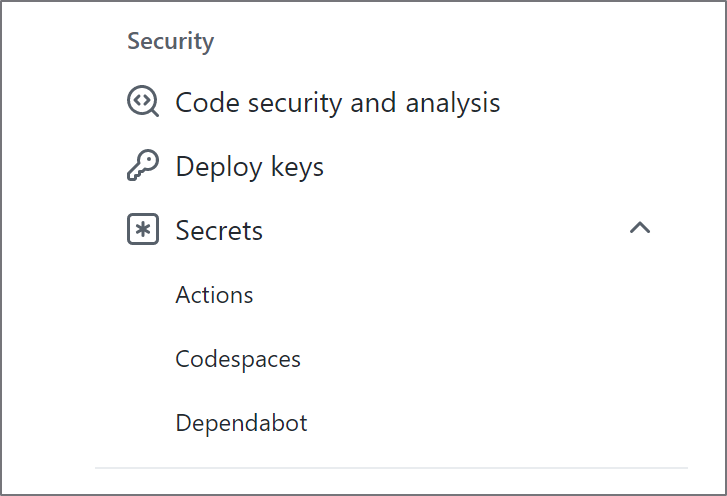 Screenshot of secrets option in security section.