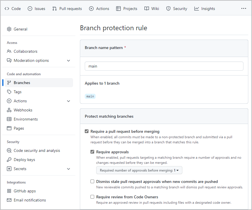 Screenshot of configuring a branch protection rule in GitHub.
