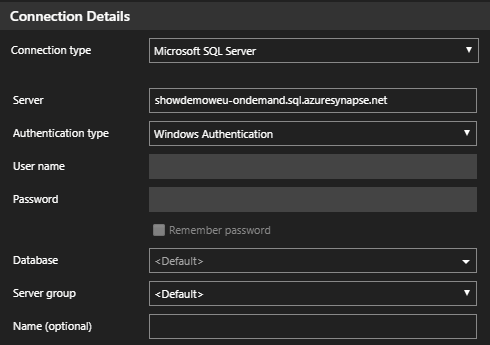 Azure Synapse SQL pools connection authentication in Azure Data Studio