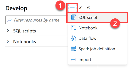 Creating a SQL Script in the Develop hub