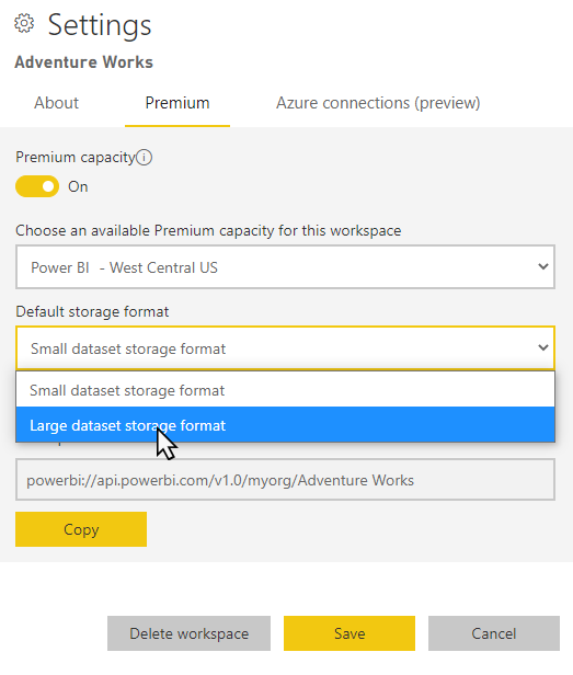 Screenshot of the premium workspace settings in the Power B I service, with the cursor over the large dataset storage format option.