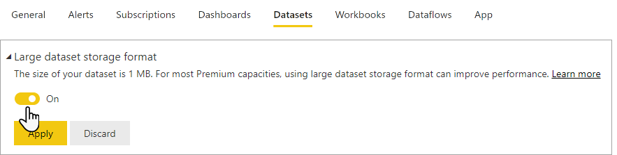 Screenshot of the large dataset storage format option in the dataset settings in the Power B I service, with the toggle in the on position.