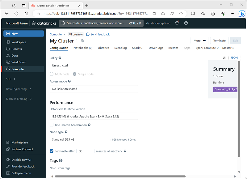 Screenshot of the Create Cluster interface in the Azure Databricks portal.