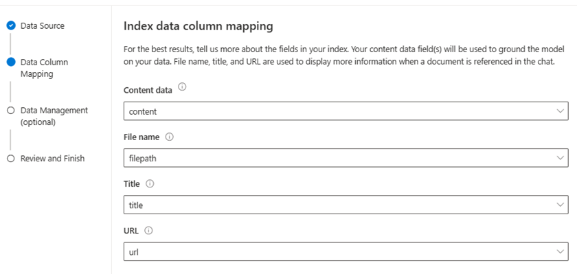 Screenshot of Azure OpenAI Studio index field mapping.