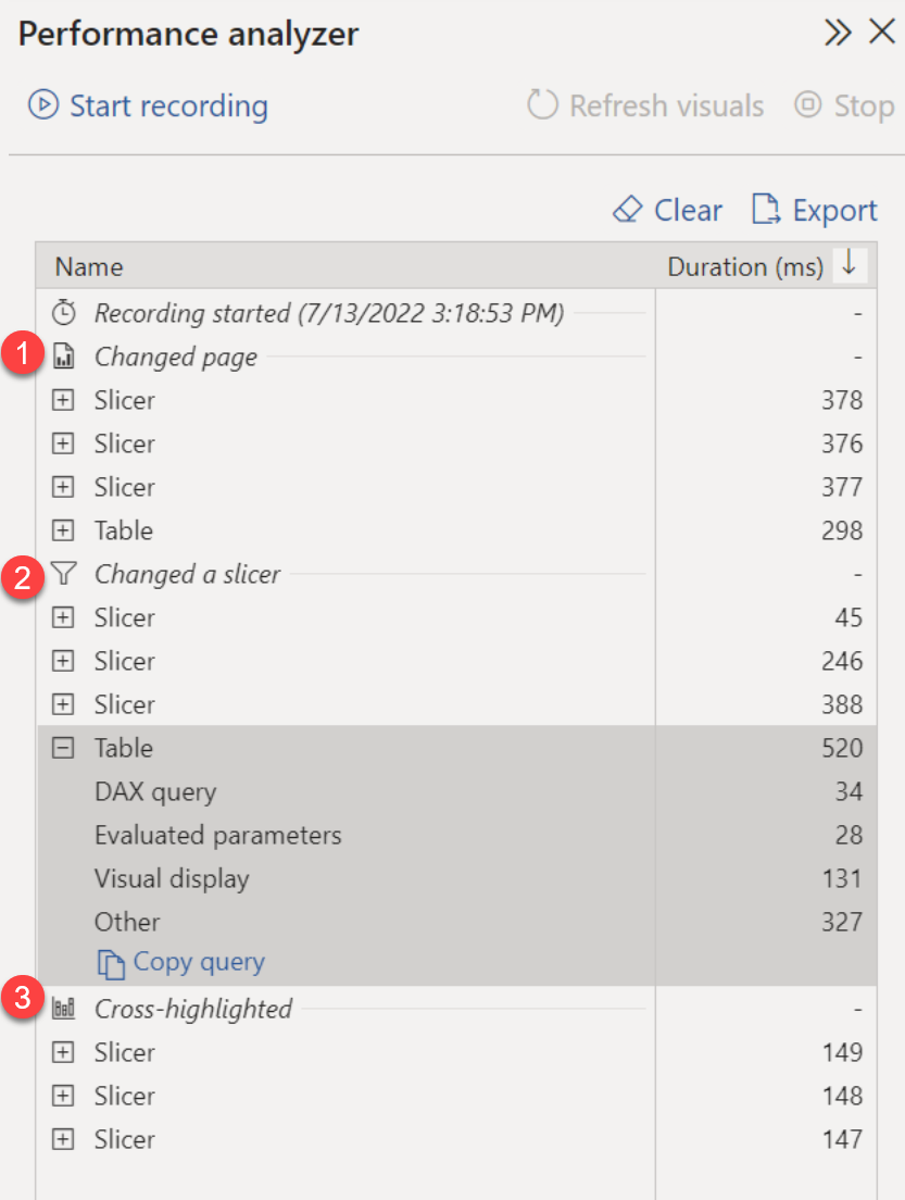 Screenshot of performance analyzer results after three report actions.