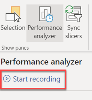 Screenshot of view tab of the ribbon in Power BI desktop, with red box around Start recording button.