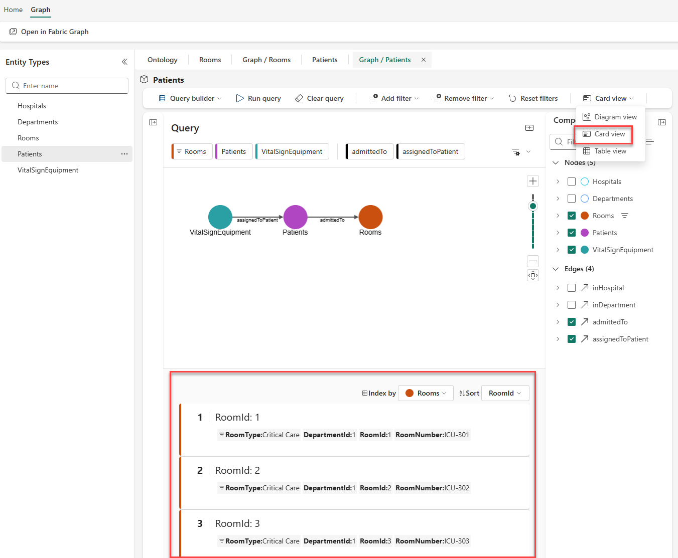 Screenshot of the query results panel showing Card view selected from the Diagram view dropdown, with three room cards displayed: RoomId 1 (ICU-301, Critical Care, DepartmentId 1), RoomId 2 (ICU-302, Critical Care, DepartmentId 1), and RoomId 3 (ICU-303, Critical Care, DepartmentId 1).