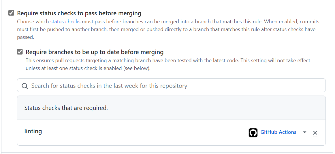 Screenshot of setting to require status checks before merging.