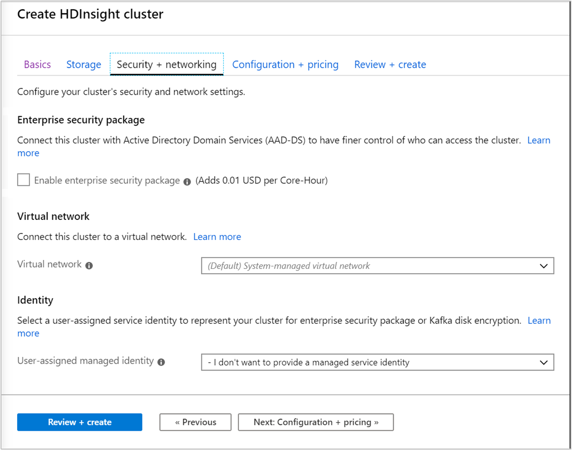 A screenshot of the Security and Networking tab in the Create HDInsight Cluster screen in the Azure portal