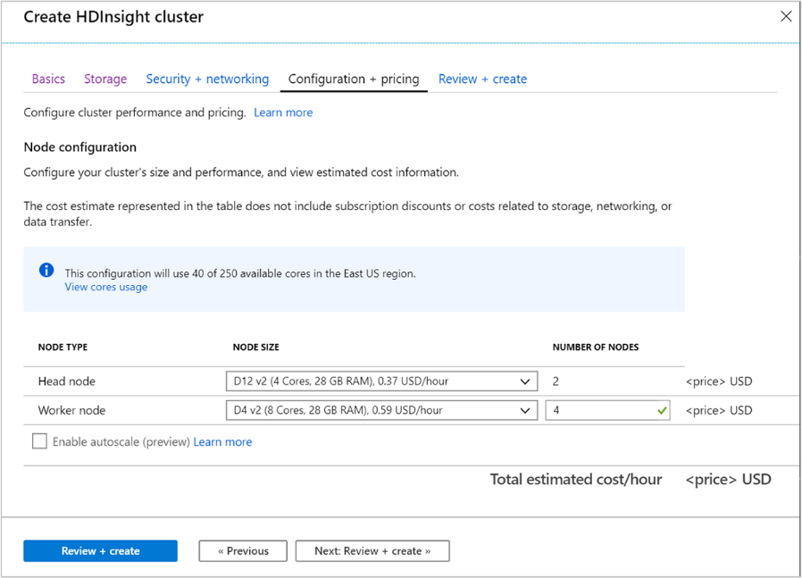 A screenshot of the Configuration and Pricing tab in the Create HDInsight Cluster screen in the Azure portal