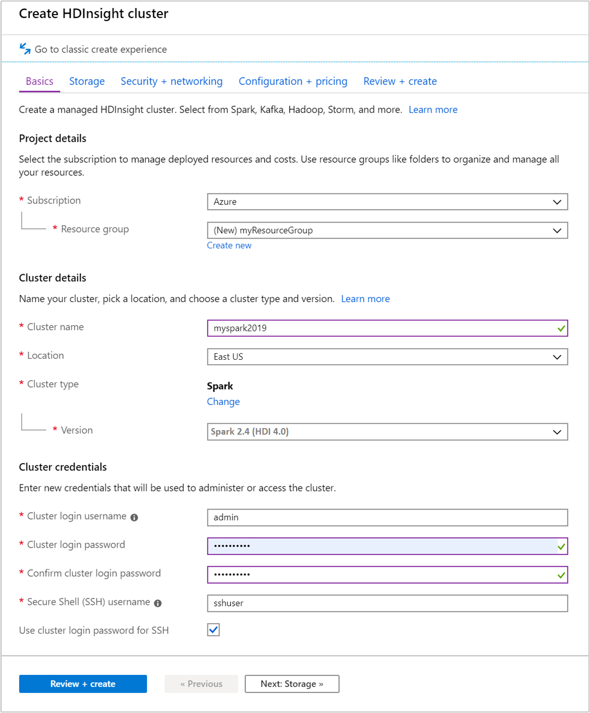 A screenshot of the basic tab in the Create AzureHDInsight Cluster screen in the Azure portal