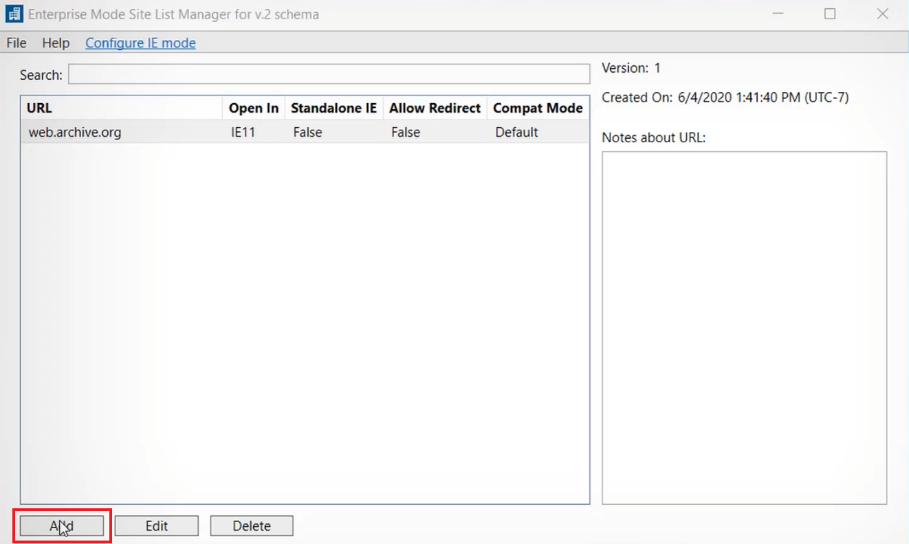 Screenshot of Enterprise Mode Site List Manager