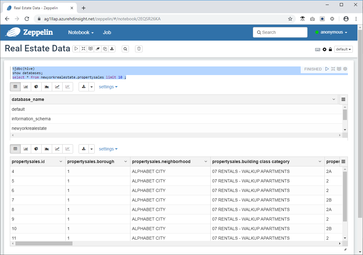 Viewing Query results in a Zeppelin Notebook in the Azure portal