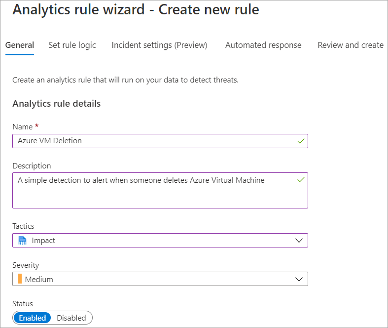Screenshot Analytics Rule wizard-Create new rule.
