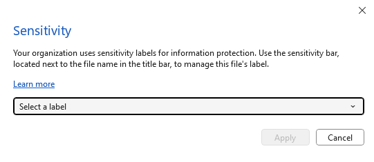 Screenshot of a dialog box prompting users to use sensitivity labels from the sensitivity bar.