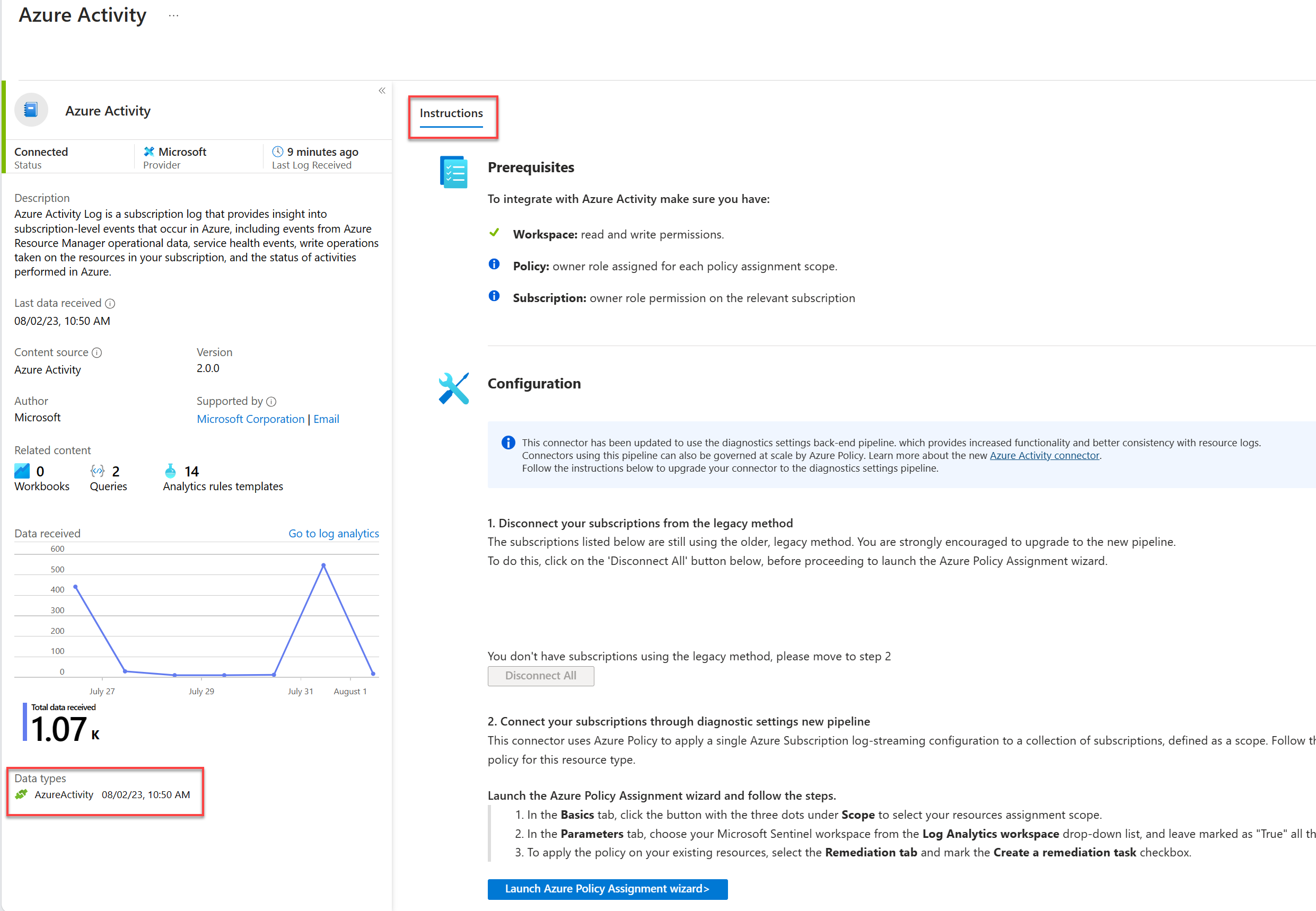Screen shot of Microsoft Sentinel Detailed Connector Page.