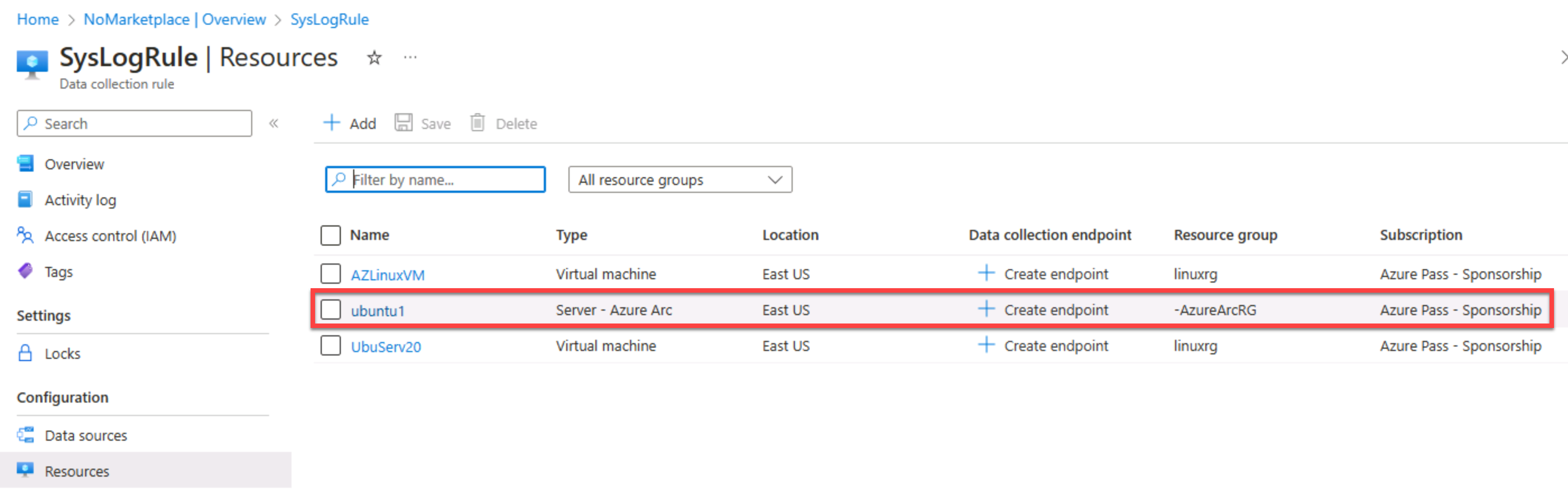 Screenshot of Azure Arc Linux resource in Data Collection Rule