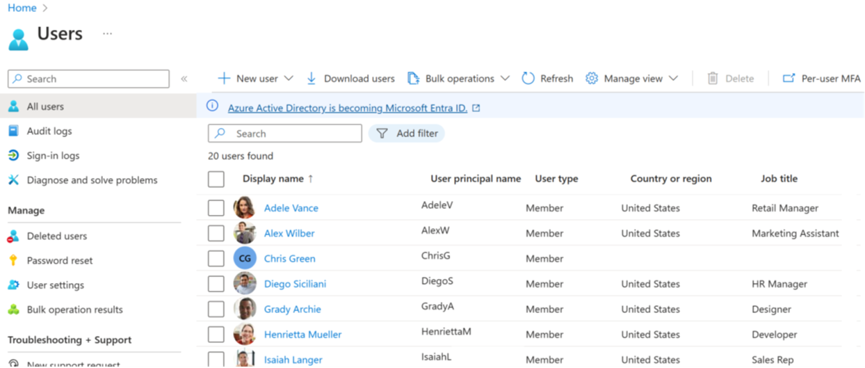 Screenshot of the Azure A D view all users page.  It displays a list of the users in alphabetical order with basic information about each user like their full name, alias, and whether they are a member of the directory or a guest.
