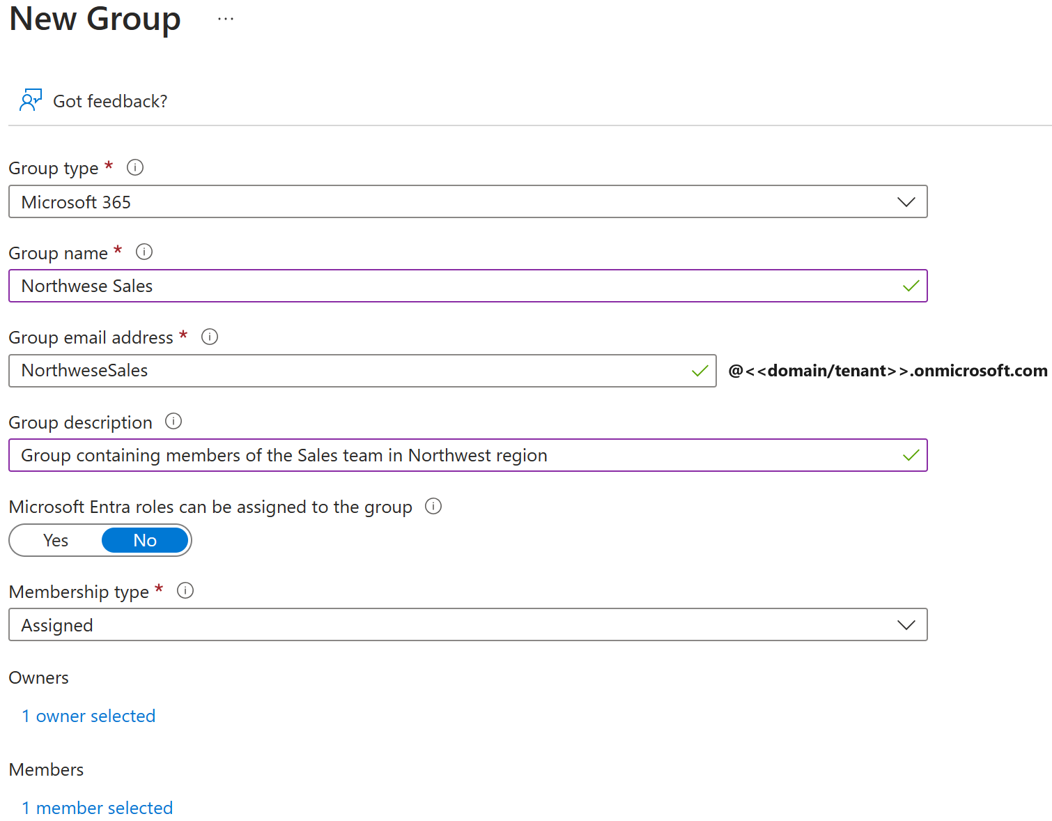 Screenshot of the New Group page with Group type, Group name, Owners, and Members highlighted. When you create a new group you have to set these values.