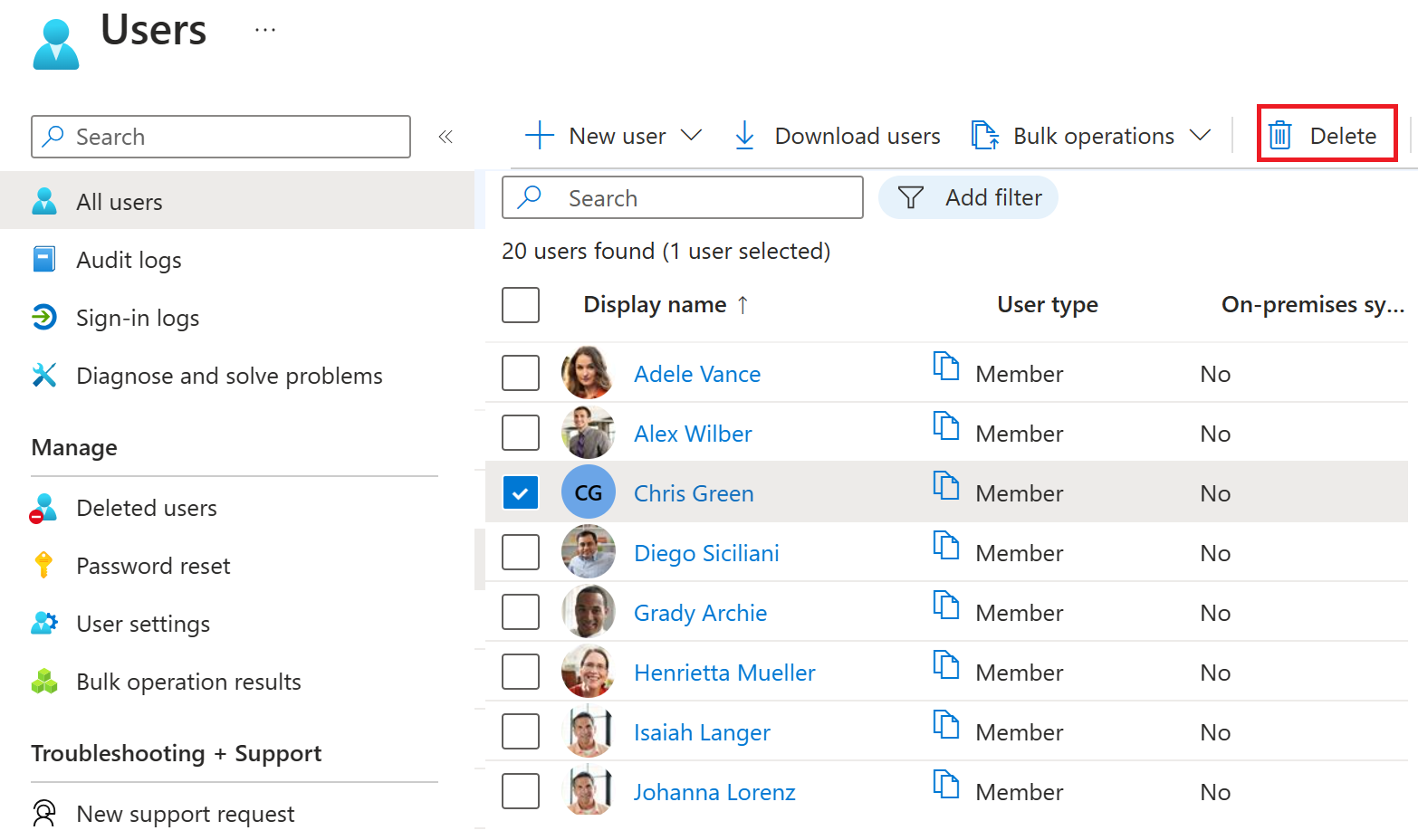 Screenshot of Microsoft Entra ID all users' list with one user check box selected and another check box highlighted indicating the ability to select multiple users from the list.